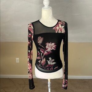 Free People Sheer Black and Pink Floral Blouse